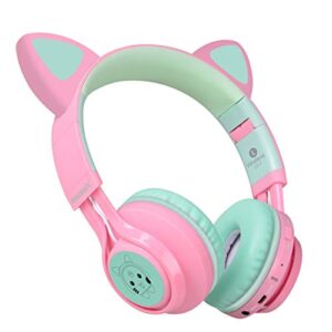 Riwbox CT-7 Cat Ear Bluetooth Headphones, LED Light Up Bluetooth Wireless Over Ear Headphones with Microphone and Volume Control for iPhone/iPad/Smartphones/Laptop/PC/TV (Pink&Green)