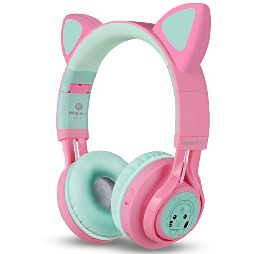 Riwbox CT-7 Cat Ear Bluetooth Headphones, LED Light Up Bluetooth Wireless Over Ear Headphones with Microphone and Volume Control for iPhone/iPad/Smartphones/Laptop/PC/TV (Pink&Green)