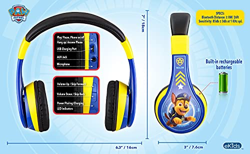 eKids Paw Patrol Kids Bluetooth Headphones, Wireless Headphones with Microphone Includes Aux Cord, Volume Reduced Kids Foldable Headphones for School, Home, or Travel