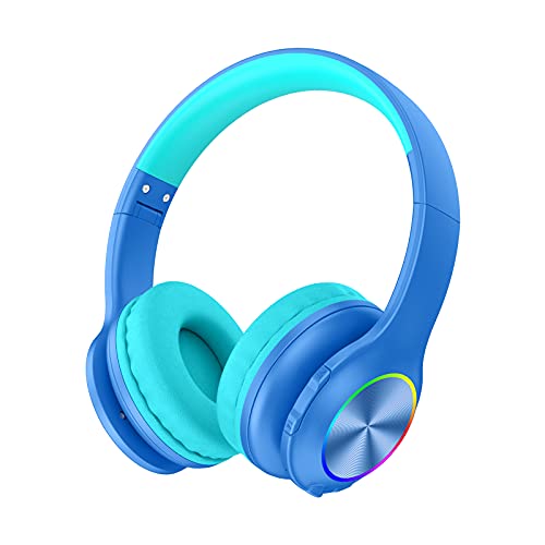 2023 Bluetcooth Kids Headphones Fit for Aged 3-21, Colorful LED Lights Comfort Wireless Headphones with Microphone 94dB Volume Limited for School/iPad/PC/TV/Cellphones, Wired & TF Card Mode, Blue