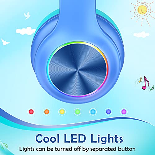 2023 Bluetcooth Kids Headphones Fit for Aged 3-21, Colorful LED Lights Comfort Wireless Headphones with Microphone 94dB Volume Limited for School/iPad/PC/TV/Cellphones, Wired & TF Card Mode, Blue