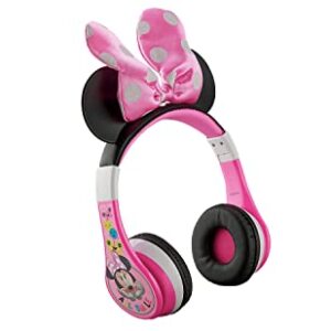 eKids Minnie Mouse Kids Bluetooth Headphones, Wireless Headphones with Microphone Includes Aux Cord, Volume Reduced Kids Foldable Headphones for School, Home, or Travel, Pink