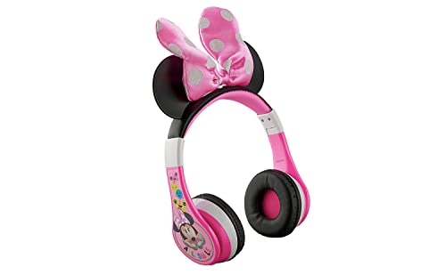 eKids Minnie Mouse Kids Bluetooth Headphones, Wireless Headphones with Microphone Includes Aux Cord, Volume Reduced Kids Foldable Headphones for School, Home, or Travel, Pink