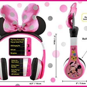 eKids Minnie Mouse Kids Bluetooth Headphones, Wireless Headphones with Microphone Includes Aux Cord, Volume Reduced Kids Foldable Headphones for School, Home, or Travel, Pink