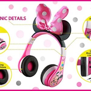 eKids Minnie Mouse Kids Bluetooth Headphones, Wireless Headphones with Microphone Includes Aux Cord, Volume Reduced Kids Foldable Headphones for School, Home, or Travel, Pink