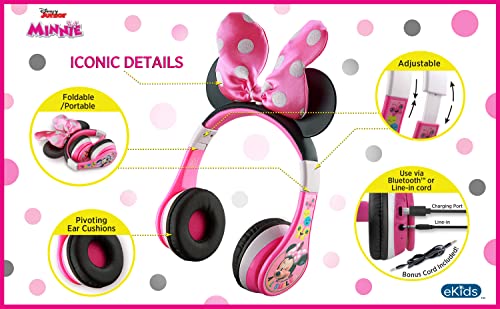 eKids Minnie Mouse Kids Bluetooth Headphones, Wireless Headphones with Microphone Includes Aux Cord, Volume Reduced Kids Foldable Headphones for School, Home, or Travel, Pink