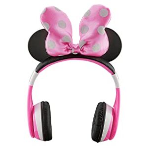 eKids Minnie Mouse Kids Bluetooth Headphones, Wireless Headphones with Microphone Includes Aux Cord, Volume Reduced Kids Foldable Headphones for School, Home, or Travel, Pink