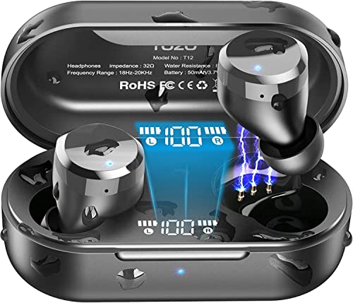 TOZO T12 2022 Wireless Earbuds Bluetooth 5.3 Headphones Premium Sound Performance Touch Control LED Digital Display Wireless Charging Case Earphones Dark Black