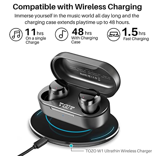 TOZO T12 2022 Wireless Earbuds Bluetooth 5.3 Headphones Premium Sound Performance Touch Control LED Digital Display Wireless Charging Case Earphones Dark Black