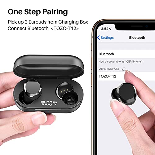 TOZO T12 2022 Wireless Earbuds Bluetooth 5.3 Headphones Premium Sound Performance Touch Control LED Digital Display Wireless Charging Case Earphones Dark Black