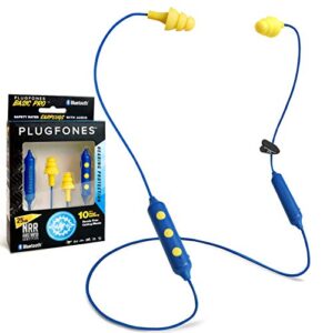 plugfones basic pro wireless bluetooth in-ear earplug earbuds – noise reduction headphones with noise isolating mic and controls (blue & yellow)