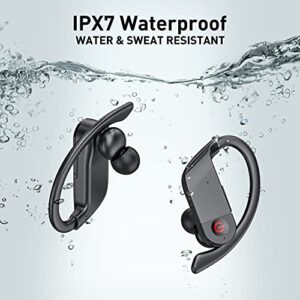 Bobtot Earbuds Wireless Bluetooth Sports Headphones - 40H Playtime IPX7 Waterproof Bluetooth 5.0 in-Ear Bass Earphones Running Workout Headset with Earhooks Built-in Microphone LED Display Black