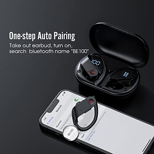 Bobtot Earbuds Wireless Bluetooth Sports Headphones - 40H Playtime IPX7 Waterproof Bluetooth 5.0 in-Ear Bass Earphones Running Workout Headset with Earhooks Built-in Microphone LED Display Black