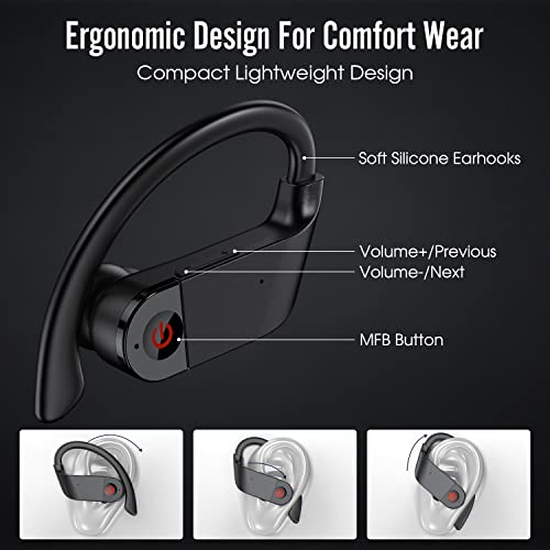 Bobtot Earbuds Wireless Bluetooth Sports Headphones - 40H Playtime IPX7 Waterproof Bluetooth 5.0 in-Ear Bass Earphones Running Workout Headset with Earhooks Built-in Microphone LED Display Black