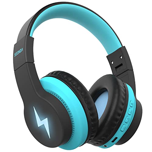 Kids Bluetooth Headphones, Colorful Wireless Over Ear Headset with 85dB/94dB Volume Limited, 45H Playtime, 3 Lighting Modes, Built-in Mic Headphones for Boys Girls iPad Tablet School Airplane Blue