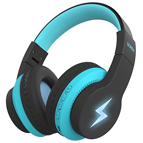 Kids Bluetooth Headphones, Colorful Wireless Over Ear Headset with 85dB/94dB Volume Limited, 45H Playtime, 3 Lighting Modes, Built-in Mic Headphones for Boys Girls iPad Tablet School Airplane Blue