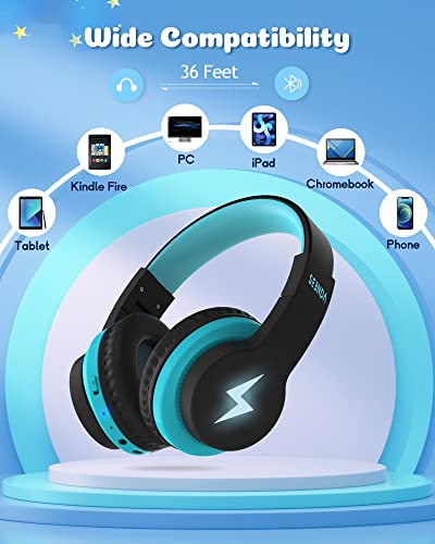 Kids Bluetooth Headphones, Colorful Wireless Over Ear Headset with 85dB/94dB Volume Limited, 45H Playtime, 3 Lighting Modes, Built-in Mic Headphones for Boys Girls iPad Tablet School Airplane Blue