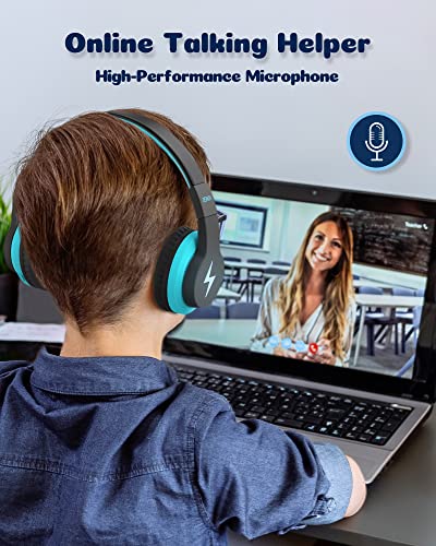 Kids Bluetooth Headphones, Colorful Wireless Over Ear Headset with 85dB/94dB Volume Limited, 45H Playtime, 3 Lighting Modes, Built-in Mic Headphones for Boys Girls iPad Tablet School Airplane Blue