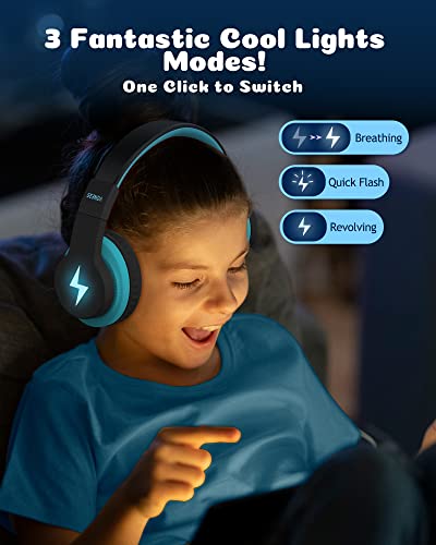 Kids Bluetooth Headphones, Colorful Wireless Over Ear Headset with 85dB/94dB Volume Limited, 45H Playtime, 3 Lighting Modes, Built-in Mic Headphones for Boys Girls iPad Tablet School Airplane Blue