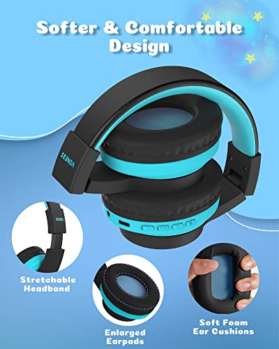 Kids Bluetooth Headphones, Colorful Wireless Over Ear Headset with 85dB/94dB Volume Limited, 45H Playtime, 3 Lighting Modes, Built-in Mic Headphones for Boys Girls iPad Tablet School Airplane Blue