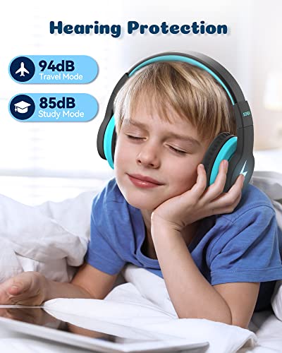 Kids Bluetooth Headphones, Colorful Wireless Over Ear Headset with 85dB/94dB Volume Limited, 45H Playtime, 3 Lighting Modes, Built-in Mic Headphones for Boys Girls iPad Tablet School Airplane Blue