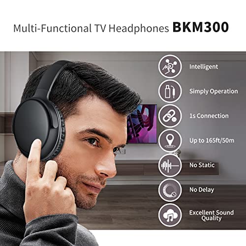 Wireless Headphones for TV Watching, BKM300 Wireless TV Headphones with Bluetooth USB Transmitter, Simple Operation, 165ft (50m) Wireless Range, No Static & No Delay