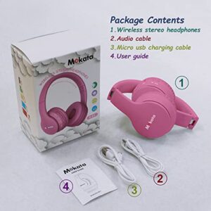 Mokata Headphones Bluetooth Wireless/Wired Kids Volume Limited 85 /110dB Over Ear Foldable Noise Protection Headset with AUX 3.5mm Mic for Boys Girls Child Travel School Cellphone Pad Tablet PC Pink