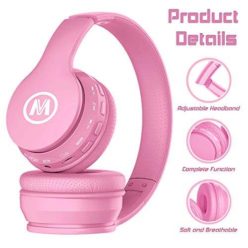 Mokata Headphones Bluetooth Wireless/Wired Kids Volume Limited 85 /110dB Over Ear Foldable Noise Protection Headset with AUX 3.5mm Mic for Boys Girls Child Travel School Cellphone Pad Tablet PC Pink