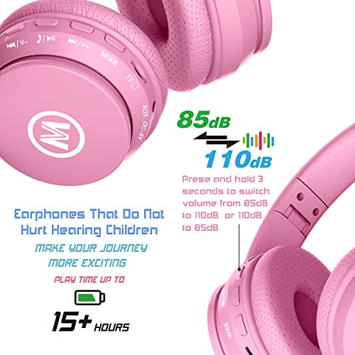 Mokata Headphones Bluetooth Wireless/Wired Kids Volume Limited 85 /110dB Over Ear Foldable Noise Protection Headset with AUX 3.5mm Mic for Boys Girls Child Travel School Cellphone Pad Tablet PC Pink