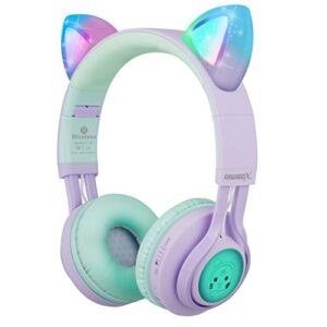 riwbox kids headphones, ct-7s cat ear bluetooth headphones 85db volume limiting,led light up kids wireless headphones over ear with microphone for laptop/pc/tv (purple&green)