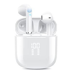 oyib wireless earbuds, bluetooth 5.3 headphones with 4-mics enc clear call, bluetooth earbuds touch control 25hour stereo sound with led power display, waterproof earphones sprot for workout white