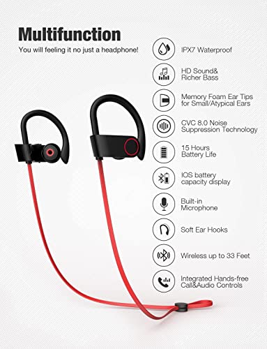 Otium Bluetooth Headphones,Wireless Earbuds IPX7 Waterproof Sports Earphones with Mic HD Stereo Sweatproof in-Ear Earbuds Gym Running Workout 10 Hour Battery Noise Cancelling Headsets