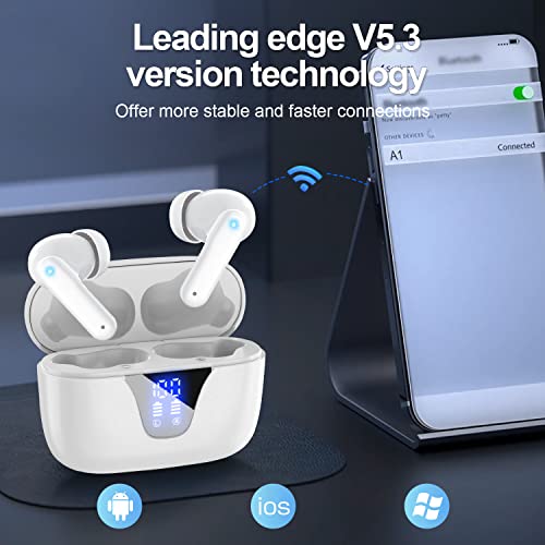 ZIUTY Wireless Earbuds, Bluetooth 5.3 Headphones 50H Playtime with LED Digital Display Charging Case, IPX5 Waterproof Earphones with Mic for Android iOS Cell Phone Computer Laptop Sports (White)