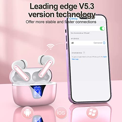 ZIUTY Wireless Earbuds, Bluetooth 5.3 Headphones 50H Playtime with LED Digital Display Charging Case, IPX5 Waterproof Earphones with Mic for Android iOS Cell Phone Computer Laptop Sports (Pink)