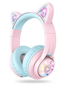 iclever cat ear kids bluetooth headphones,led light up on ear kids wireless headphones with mic,74/85/94db volume limited,50h playtime,bluetooth 5.2,pink headphones for ipad/tablet/pc/travel,bth13