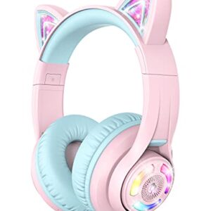 iClever Cat Ear Kids Bluetooth Headphones,LED Light Up On Ear Kids Wireless Headphones with Mic,74/85/94dB Volume Limited,50H Playtime,Bluetooth 5.2,Pink Headphones for iPad/Tablet/PC/Travel,BTH13