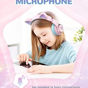 iClever Cat Ear Kids Bluetooth Headphones,LED Light Up On Ear Kids Wireless Headphones with Mic,74/85/94dB Volume Limited,50H Playtime,Bluetooth 5.2,Pink Headphones for iPad/Tablet/PC/Travel,BTH13