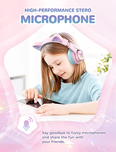 iClever Cat Ear Kids Bluetooth Headphones,LED Light Up On Ear Kids Wireless Headphones with Mic,74/85/94dB Volume Limited,50H Playtime,Bluetooth 5.2,Pink Headphones for iPad/Tablet/PC/Travel,BTH13