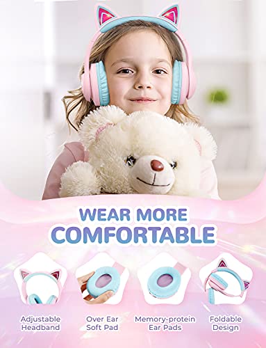 iClever Cat Ear Kids Bluetooth Headphones,LED Light Up On Ear Kids Wireless Headphones with Mic,74/85/94dB Volume Limited,50H Playtime,Bluetooth 5.2,Pink Headphones for iPad/Tablet/PC/Travel,BTH13