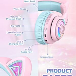 iClever Cat Ear Kids Bluetooth Headphones,LED Light Up On Ear Kids Wireless Headphones with Mic,74/85/94dB Volume Limited,50H Playtime,Bluetooth 5.2,Pink Headphones for iPad/Tablet/PC/Travel,BTH13