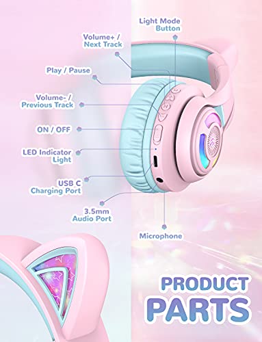 iClever Cat Ear Kids Bluetooth Headphones,LED Light Up On Ear Kids Wireless Headphones with Mic,74/85/94dB Volume Limited,50H Playtime,Bluetooth 5.2,Pink Headphones for iPad/Tablet/PC/Travel,BTH13