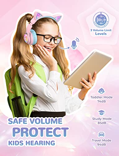 iClever Cat Ear Kids Bluetooth Headphones,LED Light Up On Ear Kids Wireless Headphones with Mic,74/85/94dB Volume Limited,50H Playtime,Bluetooth 5.2,Pink Headphones for iPad/Tablet/PC/Travel,BTH13