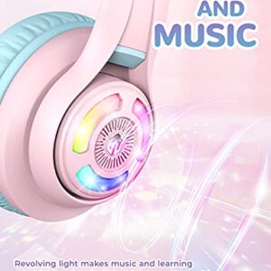 iClever Cat Ear Kids Bluetooth Headphones,LED Light Up On Ear Kids Wireless Headphones with Mic,74/85/94dB Volume Limited,50H Playtime,Bluetooth 5.2,Pink Headphones for iPad/Tablet/PC/Travel,BTH13