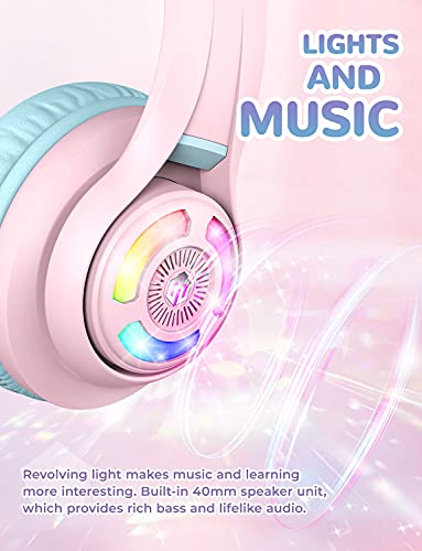 iClever Cat Ear Kids Bluetooth Headphones,LED Light Up On Ear Kids Wireless Headphones with Mic,74/85/94dB Volume Limited,50H Playtime,Bluetooth 5.2,Pink Headphones for iPad/Tablet/PC/Travel,BTH13