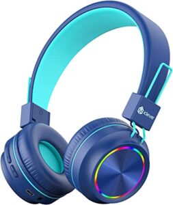 iclever bth03 kids bluetooth headphones safe volume, colorful led lights, 25h playtime, stereo sound mic, bluetooth 5.0, foldable, on ear kids wireless headphones for tablet airplane, blue