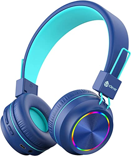 iClever BTH03 Kids Bluetooth Headphones Safe Volume, Colorful LED Lights, 25H Playtime, Stereo Sound Mic, Bluetooth 5.0, Foldable, On Ear Kids Wireless Headphones for Tablet Airplane, Blue