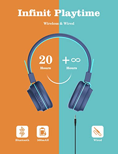 iClever BTH03 Kids Bluetooth Headphones Safe Volume, Colorful LED Lights, 25H Playtime, Stereo Sound Mic, Bluetooth 5.0, Foldable, On Ear Kids Wireless Headphones for Tablet Airplane, Blue