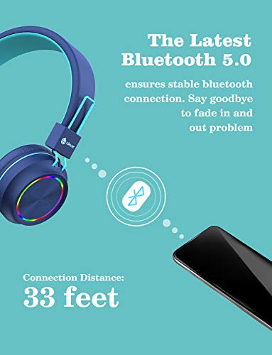 iClever BTH03 Kids Bluetooth Headphones Safe Volume, Colorful LED Lights, 25H Playtime, Stereo Sound Mic, Bluetooth 5.0, Foldable, On Ear Kids Wireless Headphones for Tablet Airplane, Blue