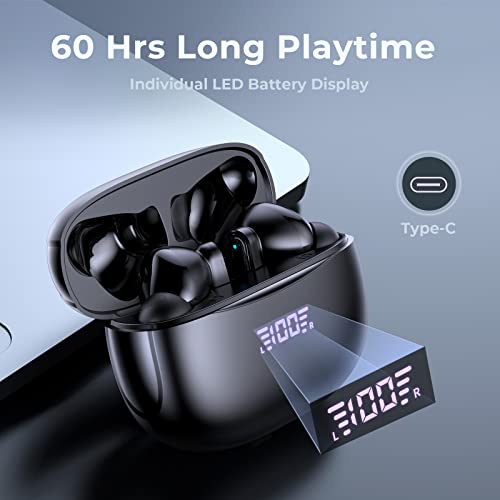 Wireless Earbuds,True Wireless Bluetooth 5.3 Earbuds,60H Playtime IPX5 Waterproof Headphones with LED Digital Display & CVC 8.0 Noise Cancelling Mic in-Ear Earphone for iPhone Android