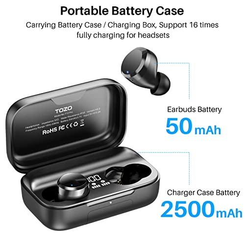 TOZO T12 Pro Wireless Earbuds Bluetooth Headphones with Qualcomm QCC3040 4 Mics CVC 8.0 Call Noise Cancelling and aptX Stereo Headset 2500mAh Wireless Charging Case IPX8 Waterproof Earphones Black